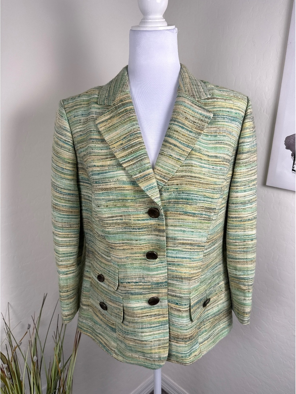 Kasper Women's 10 Green Multicolor Tweed Blazer Textured Striped Preppy Jacket